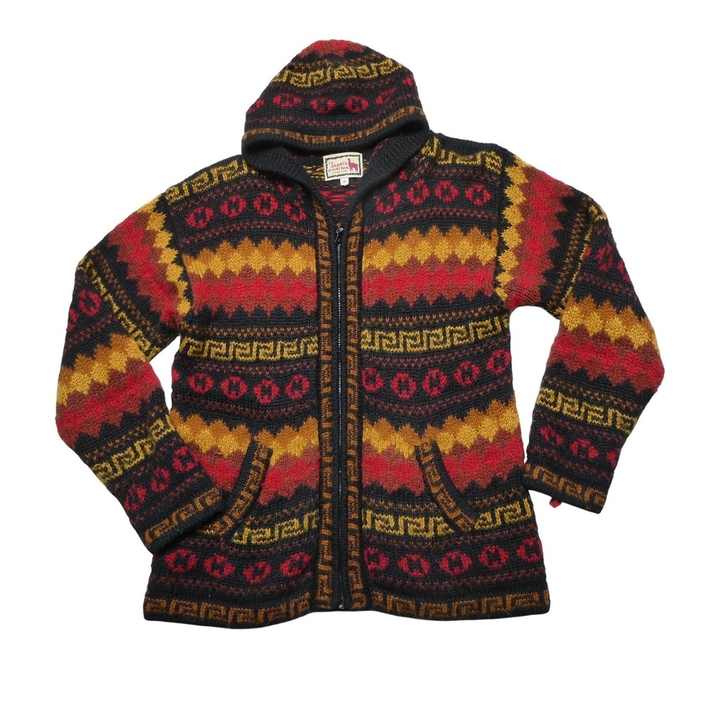 The Alpaca Connection Sweater Womens Small Alpaca Hooded Full Zip Tribal Knit